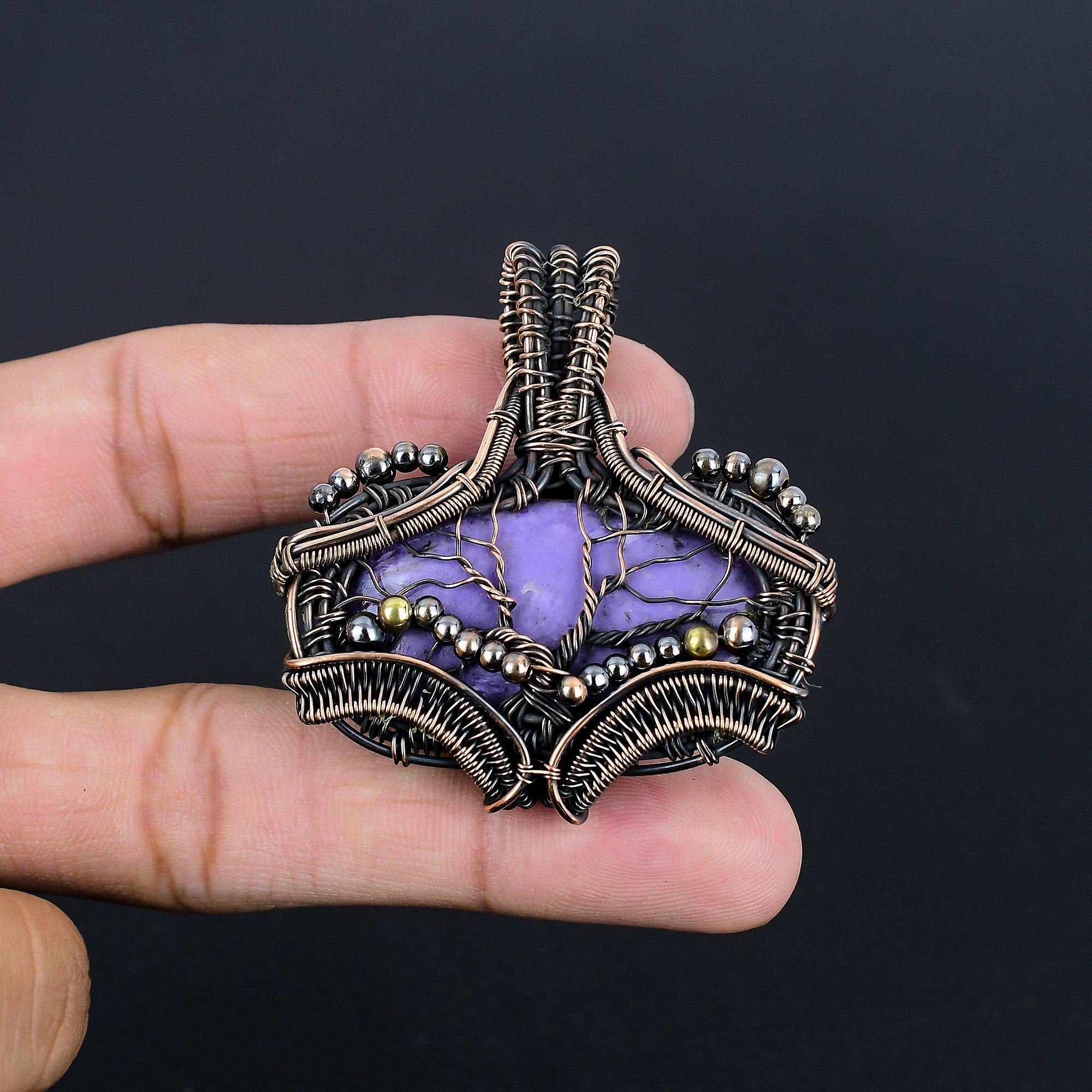 

Подвеска из чароита ручной работы, обернутая медной проволокой 999 пробы, антикварное украшение, для подарка на помолвку 2.55 Inches