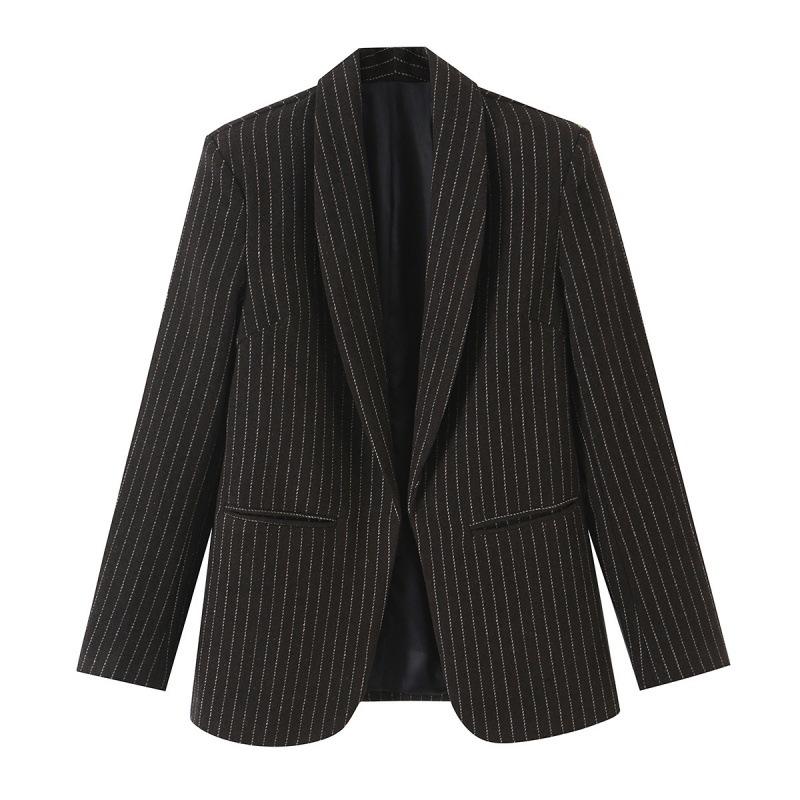 Women's Striped Open Front Blazer, Thick Woolen Suit Jacket, Elegant Commuter Waist Slimming Design,Stylish No Button Ladies Business Outerwear