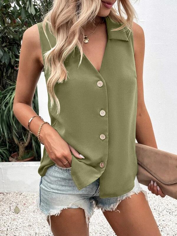 Summer new women's clothing, solid color V-neck loose chiffon shirt, sleeveless button-down vest shirt women's