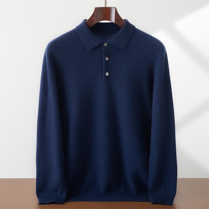 Men's Cashmere Polo Collar Sweater, Solid Color Knitwear, Long Sleeve Button-Up Pullover for Autumn/Winter