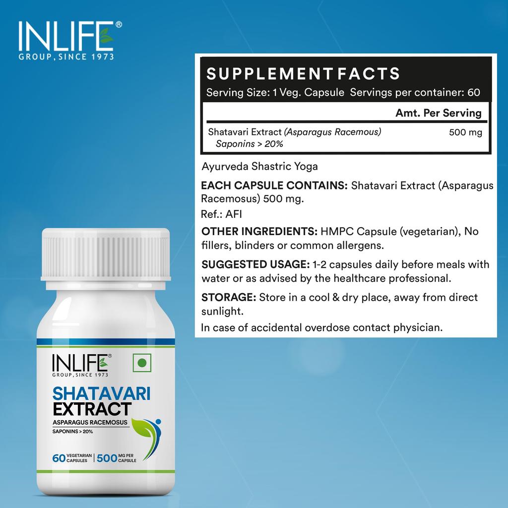 INLIFE Shatavari Extract 500mg Supplement, Women, >20% Saponins, 60 Caps