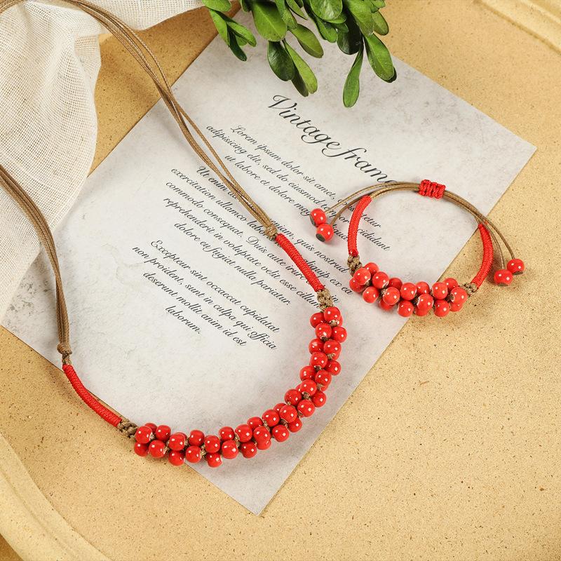 Original Retro Woven Ceramic Necklace Flower Glaze Pomegranate Fruit Bell Bracelet Versatile Accessories Women