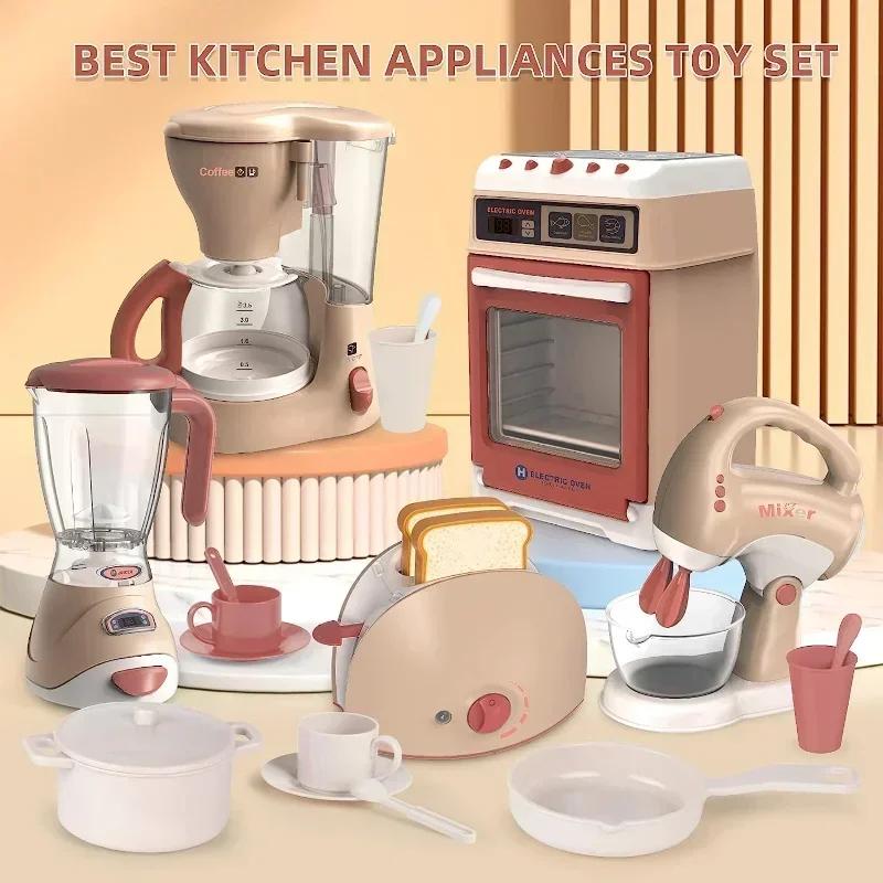 Kids Kitchen Appliances Toy Pretend Play Kitchen Accessories with Blender Coffee Maker Mixer Toaster Vacuum with Sounds & Light