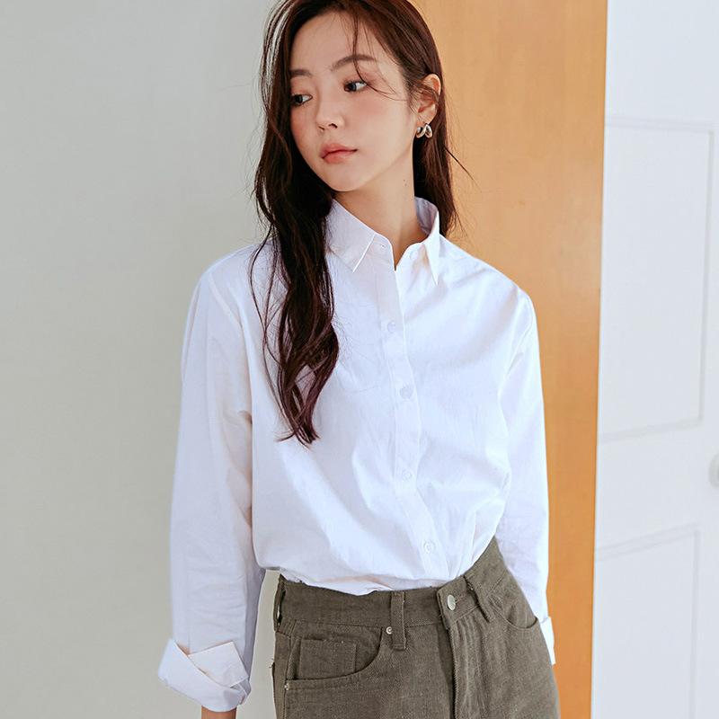 

Рубашка из чистого хлопка женская весна-осень однотонная базовая модель топа Sense Niche многослойная свободная рубашка с длинными рукавами блузки и рубашки S белый