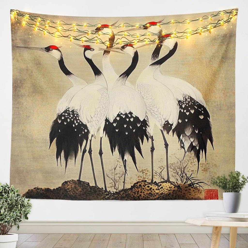 Japanese Crane Tapestry, Black Background with Red Sun, White Clouds and Sakura Print Wall Hanging for Bedroom,Living Room Decor
