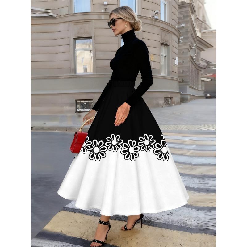Printed Design Four Seasons Leisure Style Black and White Half Skirt with Black Flower Half Skirt