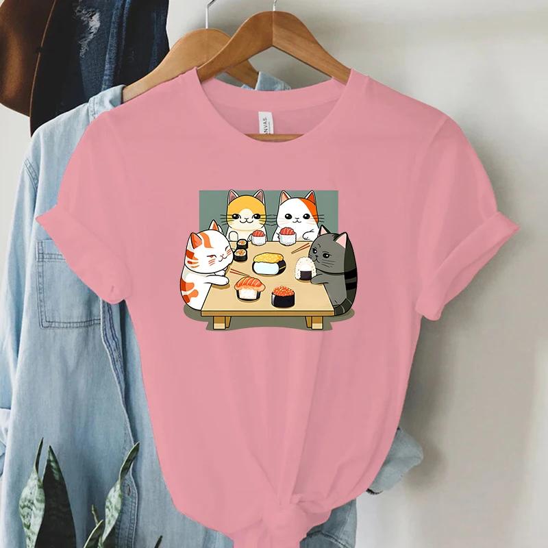 Cat Party Kawaii T Shirt Women Summer Tops Sushi Graphic T Shirts Casual Fashion Tee Shirt Trendy Korean Streetwear Y2k Tees