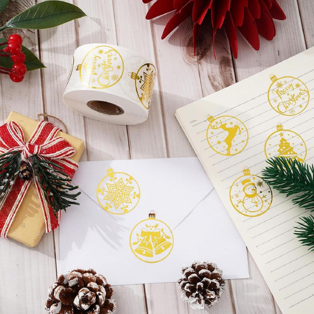 Christmas Sticker 500 PCS Transparent Gold Foil Snowman Snowflake Tree Reindeer Festive Envelope Card Decoration Set