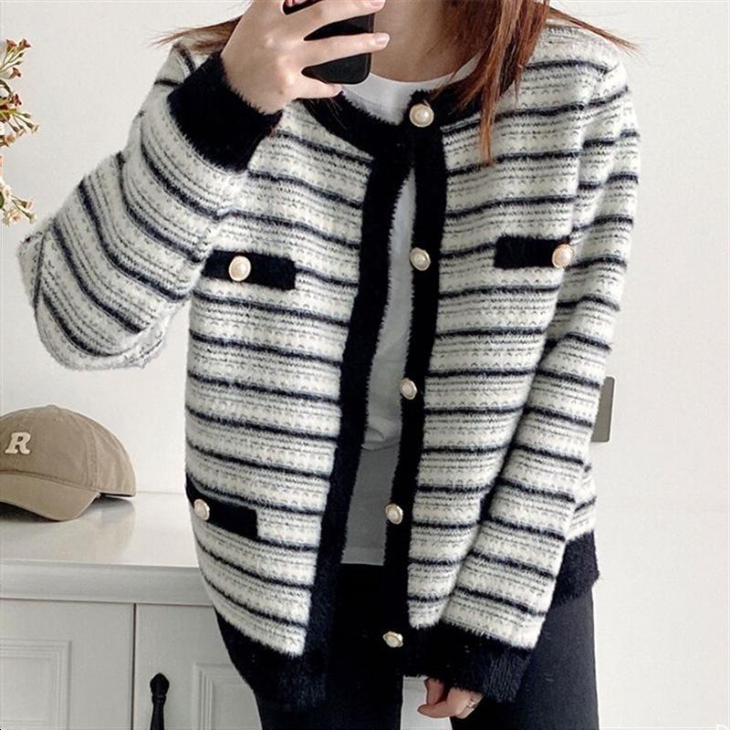 

YYFS Женская мода Повседневный Осень Зима Полосатый Принт Длинный Рукав О-Образным Вырезом Свитера One size чёрный