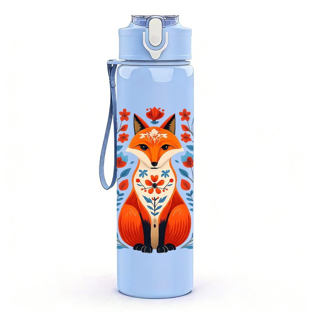 1PC Folk Fox Head Illustration 750ml Color Plastic Sports Water Bottle Leakproof Flip Straw Lid Suitable for Sports Office Home Use