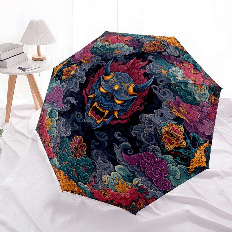 Demon Pattern, Automatic Folding Umbrella, Portable and Foldable Design, 8 Ribs, a Christmas or Birthday Gift.