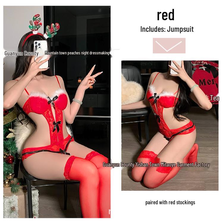 Festive Red Lace See-Through Bodysuit - Sexy Strappy Lingerie for Holidays