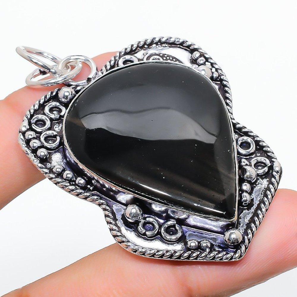 Pietră prețioasă Onix Negru Natural Lucrat Manual Argint Sterling 925 Pandantiv 2,40" l3l02
