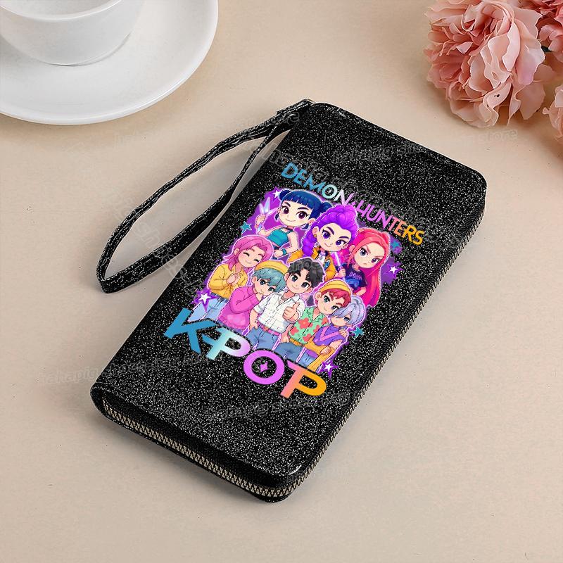 Vysoce kvalitní KPop Lovci démonů Dlouhá peněženka Dámské peněženky na zip Sequin Bling Koženka Kapsa na mince Držák na ID Kartu Dámské Clutch Peněženky