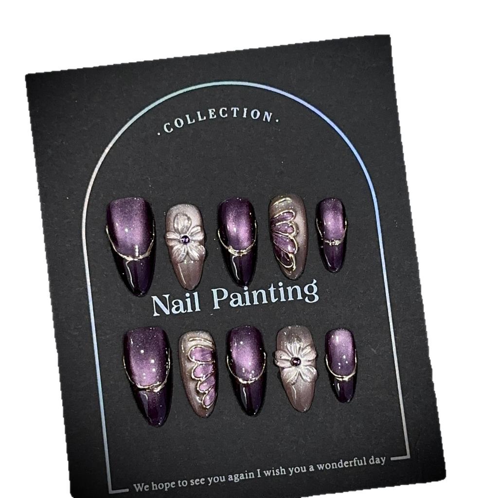 Purple cat-eye almond press-on nails; handcrafted, ready-to-wear set featuring Western-style 3D sculpted floral designs.