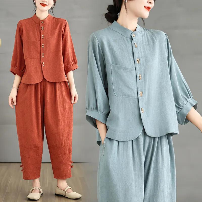 Costum din in stil chinezesc Cămașă de vară la moda pentru femei + pantaloni harem Costum din două piese