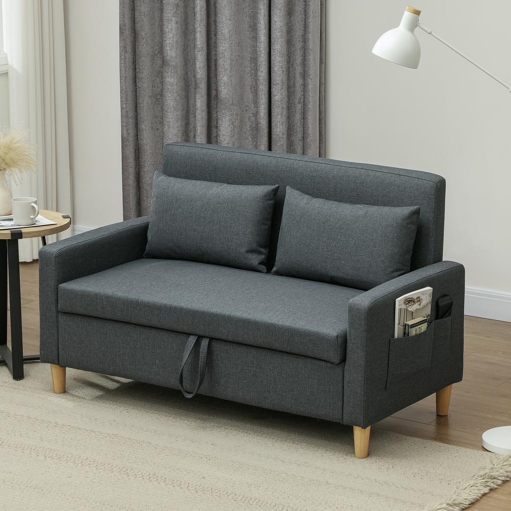 2-Seater Sofa with Storage Space and Cushions, In Linen-Effect Fabric and Wood, 135x72x84 Cm, Charcoal Grey
