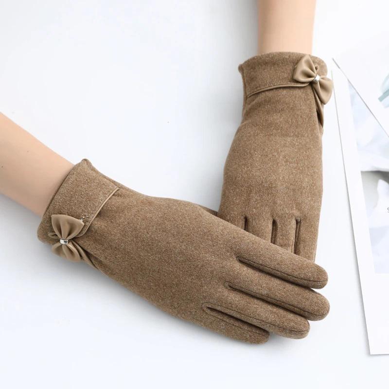 Korean Style Bow Keep Warm Velvet Gloves for Women Velvet Windproof Riding Gloves Elastic and Soft Elegant Touch Screen Gloves