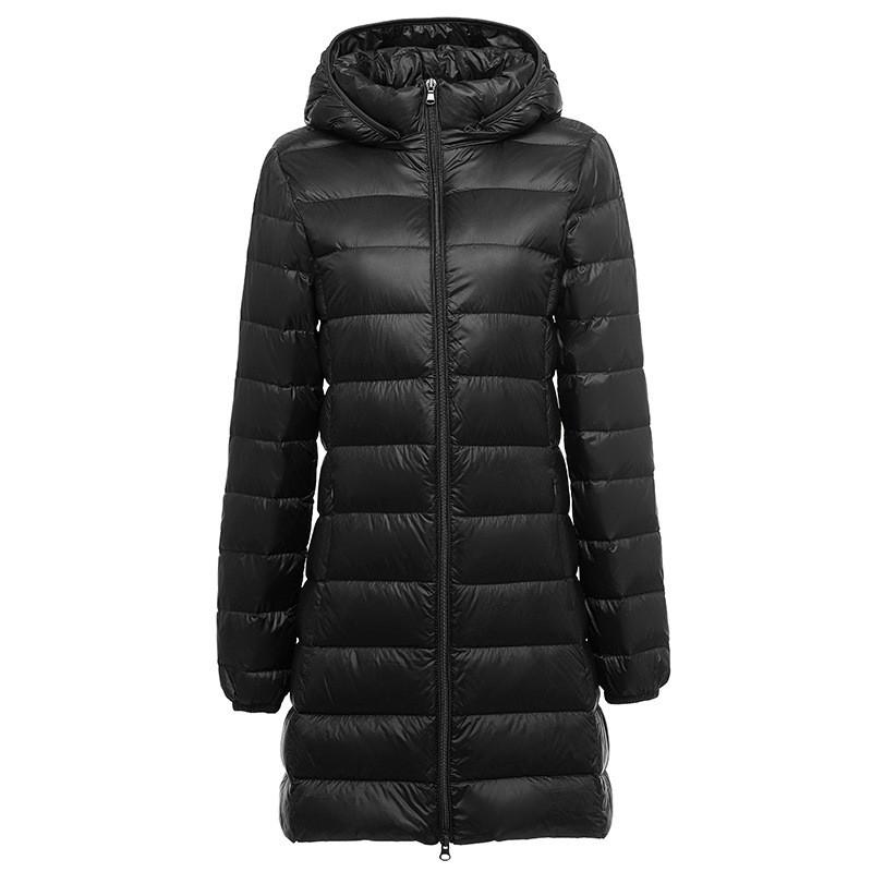 Womens Lightweight Hooded Down Jacket Mid-Length Removable Cap Korean Style Thin Winter Coat