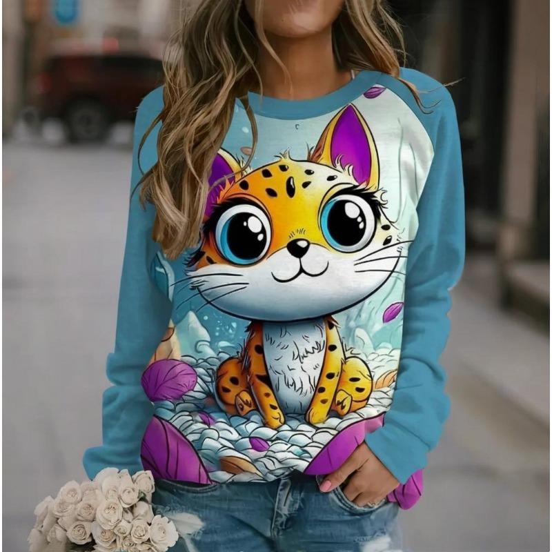 Roztomilý kočičí dámský dlouhý rukáv, podzimní a zimní kulatý výstřih, bavlněné oblečení, kawaii zvířecí tištěné topy 2024, nový módní svetr