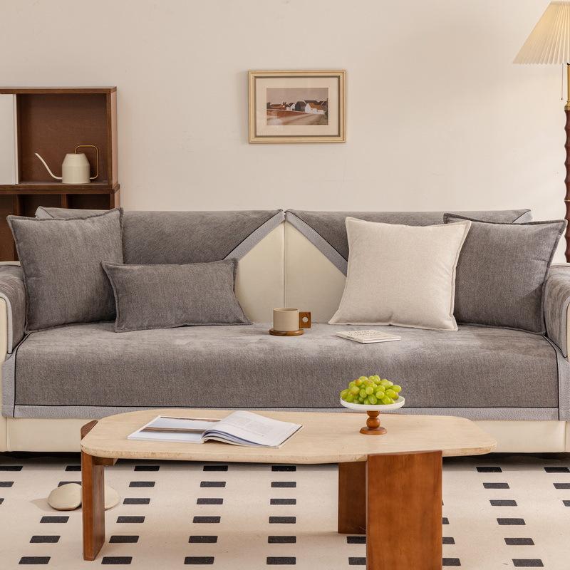 Covor de Sofă Chenille Universal Patru Sezoane Culoare Solidă Husă de Pernă pentru Canapea Chaise Longue în Formă de L Husă de Protecție pentru Sofă Living Acasă