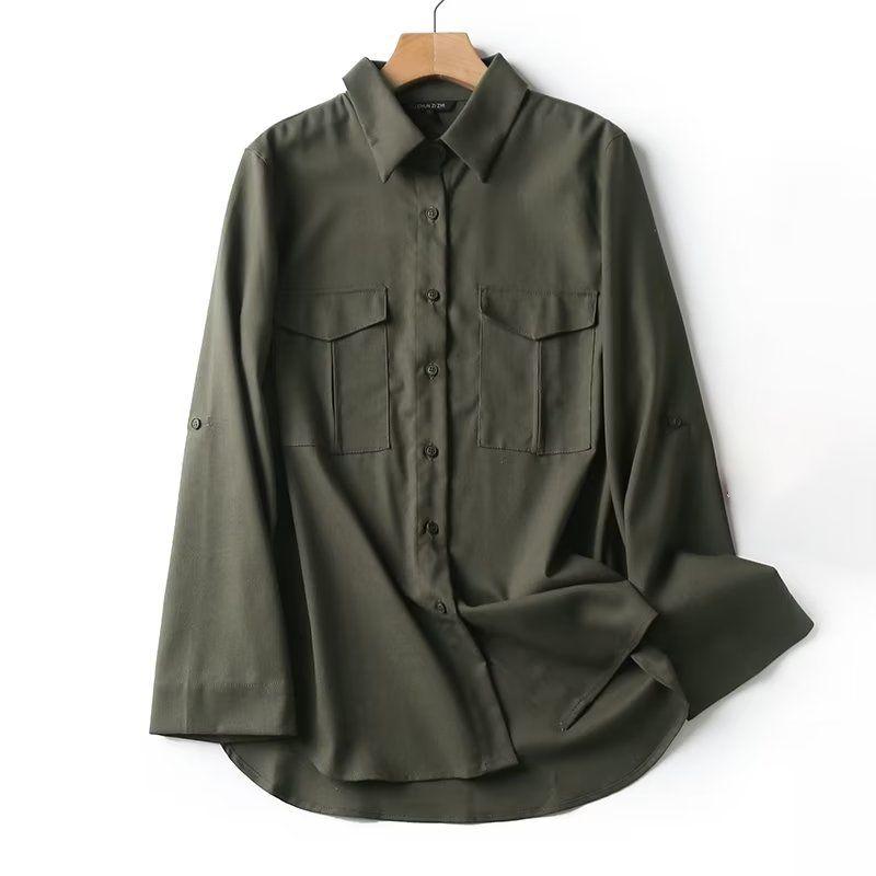 

MD Women s Clothing 2023 Summer New Arrival Casual and Comfortable Light Linen Pocket Long Sleeve Shirt Women 05130651305 Dark green L