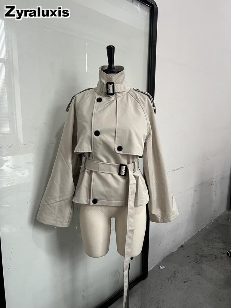 New Arrival Women's Elegant Stand Collar Double-breasted Waist-tied Short Trench Coat