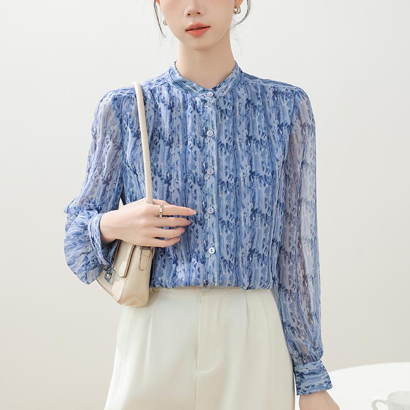 Women Blouses Shirts 2025 Spring Long Sleeve Women Blouse Shirt Stand Collar Print Chiffon Blouse Shirt Women Tops J922
