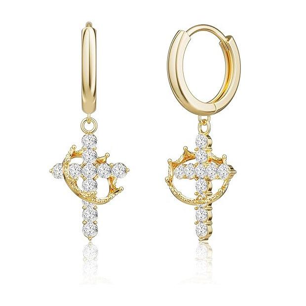 

Luxury Creative Rotatable Crown Full of Zircon Cross Dangle Hoop Earrings for Women Hip-hop Fashion Designer Earrings Jewelry золотой