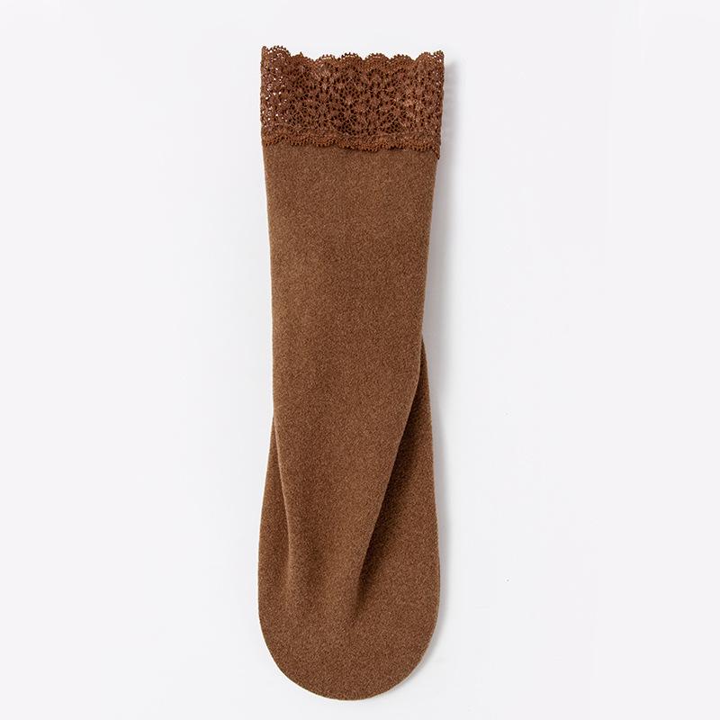 Women's Non-Slip Thermal Velvet Lace Trim Mid-Calf Socks - Cold-Resistant, Thickened Cotton for Autumn and Winter