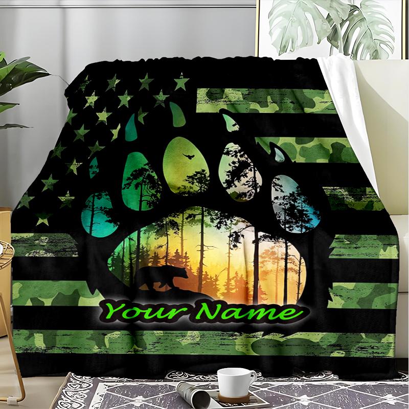 1PC Custom Name American Flag Paw Print outdooor Flannel blankets Patterns Throw Blanket All-Season Soft Gift for Couch, Bed, Camping gifts