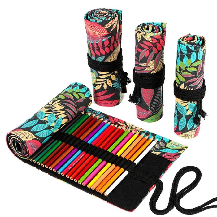 12/24/36/48/72 Holes Leaves Print Pencil Organizer Bag Canvas Pencil Wrap Pencil Roll Bag Pencil Storage Bag