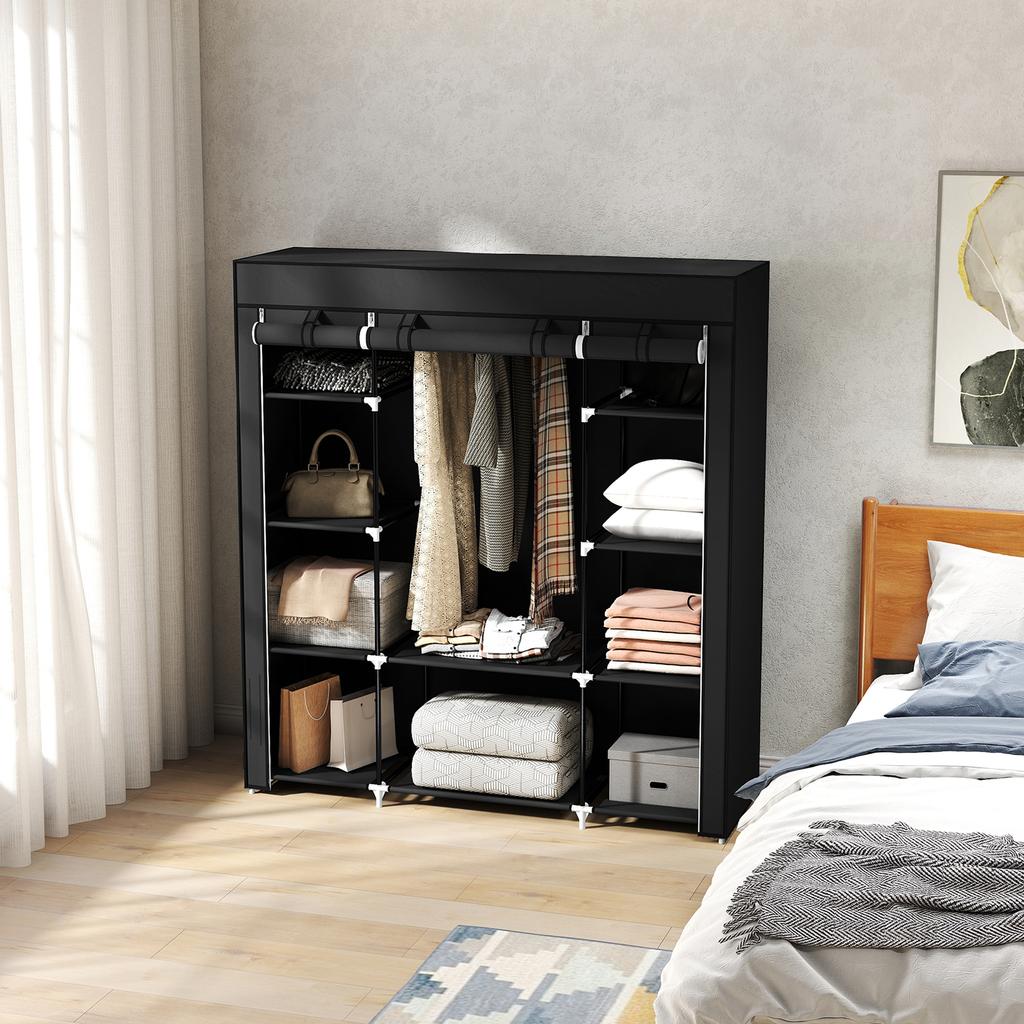 Armadio in Tessuto Non Tessuto, Armadio Pieghevole, 1 Barra Appendiabiti, 9 Ripiani, 150 cm x 43 cm x 162,5 cm, Nero