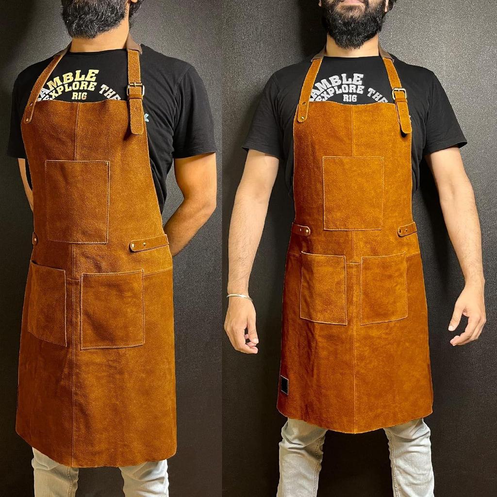 Leather Grill Work Apron with Tool Pockets ~ Adjustable Up To XXL for Men & Women ~ Leather Tool Apron