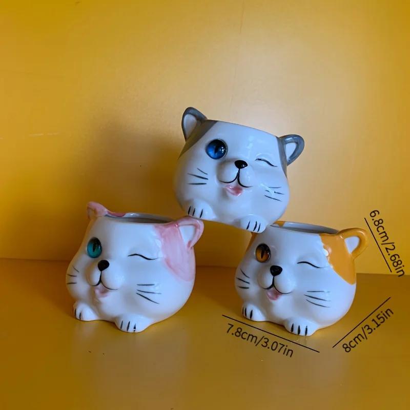 3-piece Set of Ceramic Cat Shaped Flower Pots, Animal Printed Succulent Flower Pots with Drainage Holes, Desktop Decoration