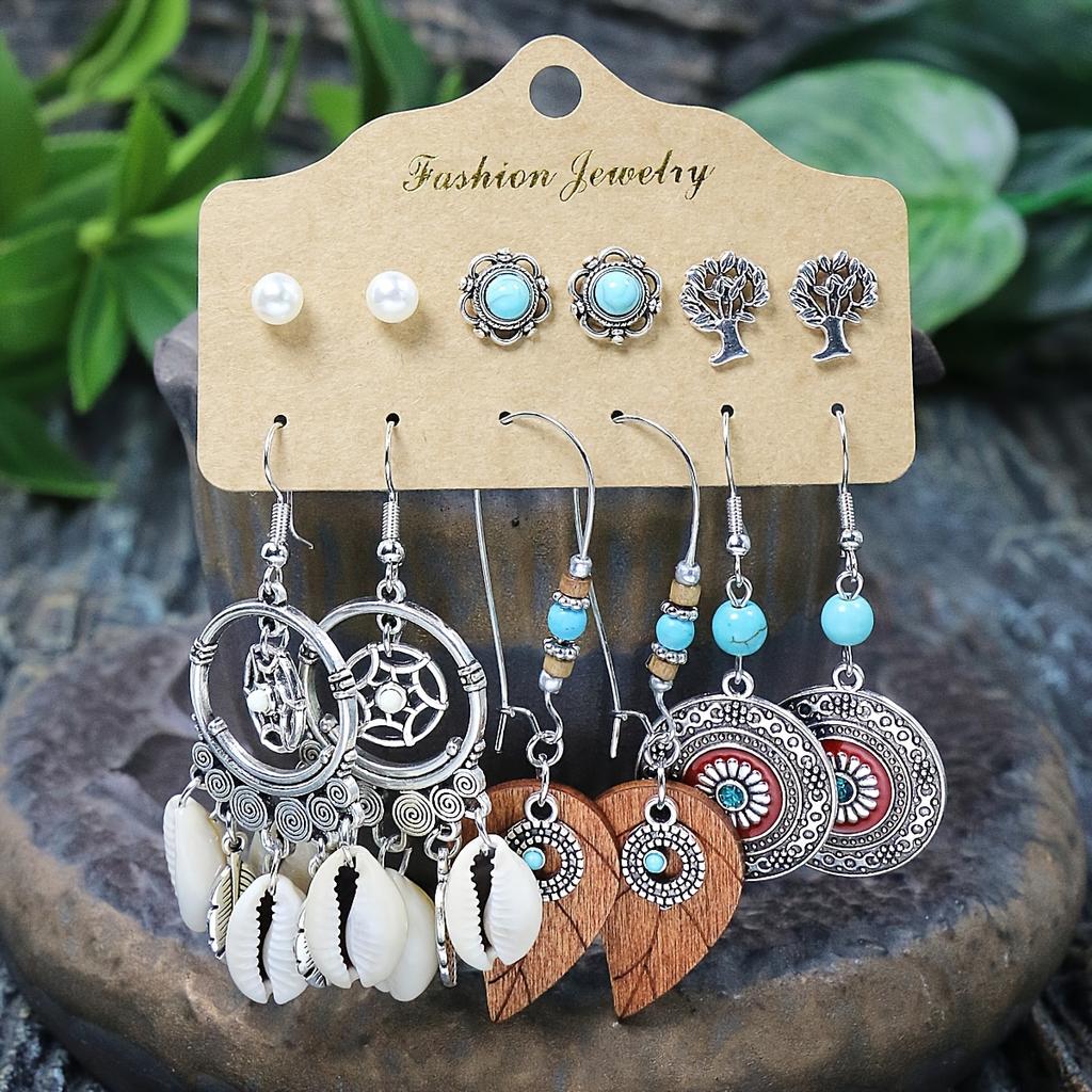 54 Pairs Of Boho Ethnic Style Earrings Ear Stud Combination Set Silver Color Geometric Turquoise Inlaid Party Decor Gifts