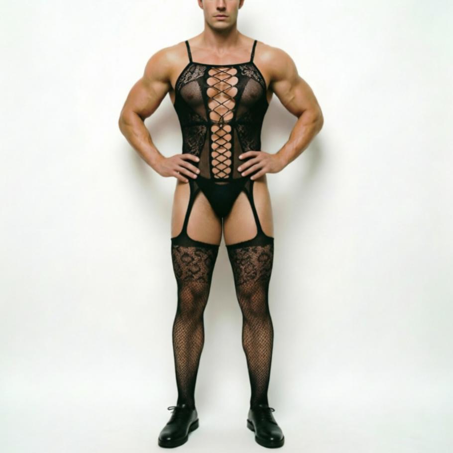 Fischernetz Herren Nachtwäsche Herren Ausgeschnittene Bodysuits Unterwäsche Bodystockings Sexy Nachthemd Kerl Overalls Hombre Ropa Interior