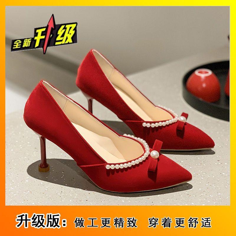 2025 spring and autumn new wedding shoes show clothes wedding dress two wear single shoes bride shoes thin heel pearl red high heels