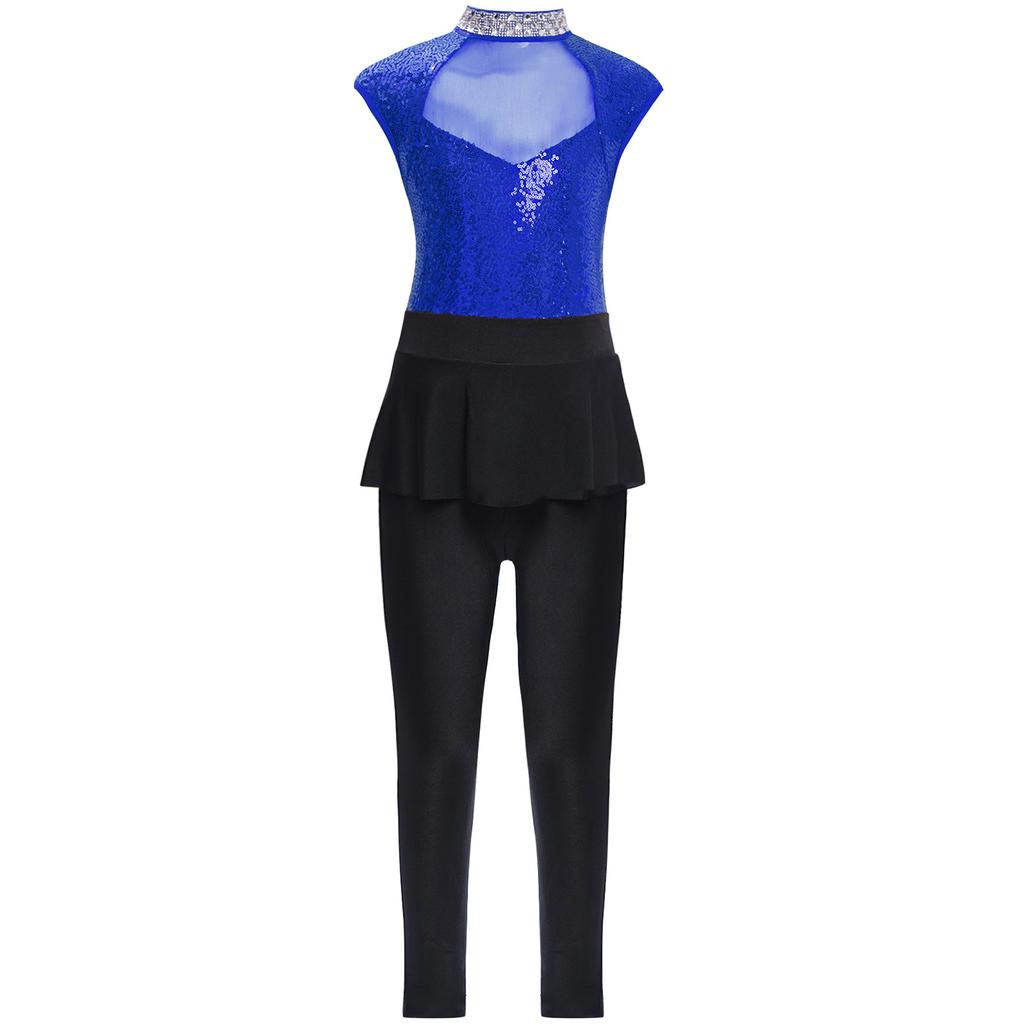 Dansedrakt for barn med glitrende paljetter, meshinnsatser, ermeløs peplumstil for jazzkonkurranser