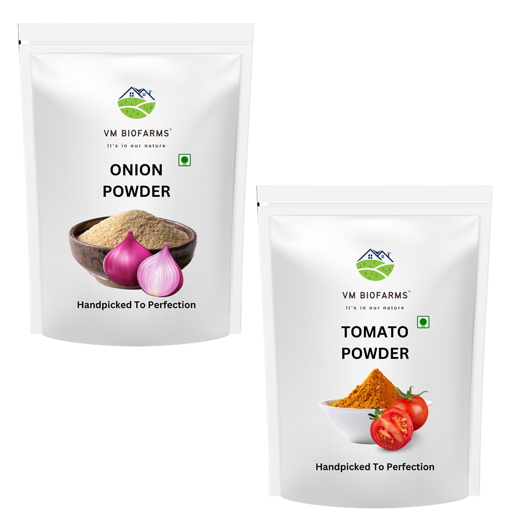 VM Biofarms Onion Powder & Tomato Powder Combo Pack | All-Natural Powder for Cooking & Flavoring | Pack of 2x200 Gram Each