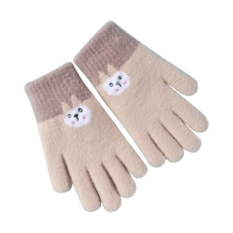 Schoolgirl Autumn and Winter Cartoon Cute Rabbit Five-finger Knitted Warm and Cold-proof Wool Windproof Riding Older Children's Gloves