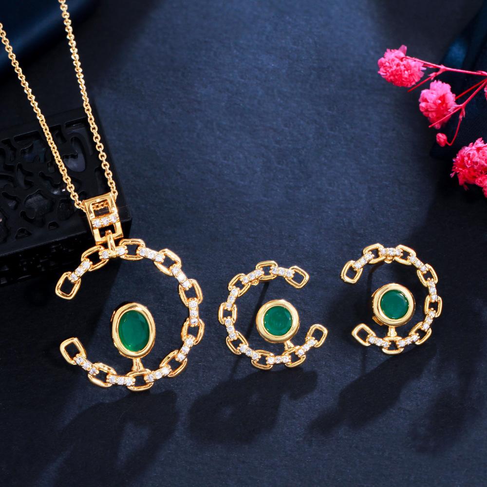 

Simple Set Chain Aaa Zircon Emerald Gemstone Necklace Earrings Set Evening Dress Accessories зелёный