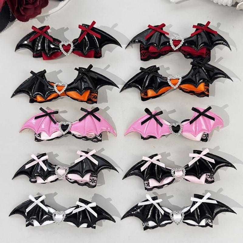 Dark Holiday Hair Barrettes, 1 Pair Halloween Winged Ribbon Design With Heart Detail and Lace Trim for Party Looks