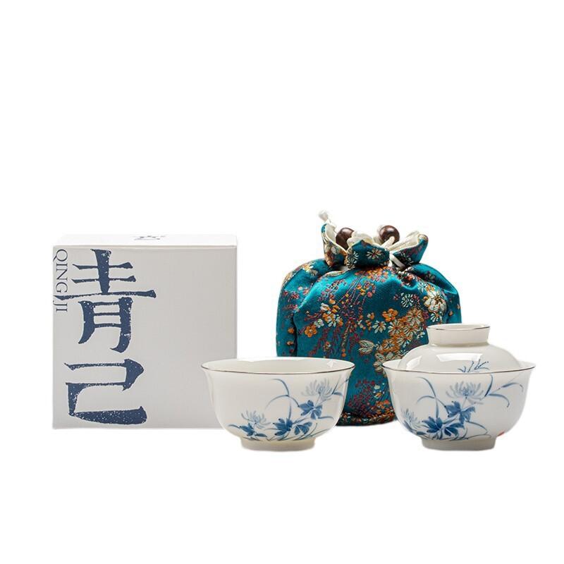 

Hand-painted Blue-and-white Travel Tea Set Kit Creative 1 Pot 3 Cups Tea Maker Organizer Portable Camping Stock Bags Ornaments