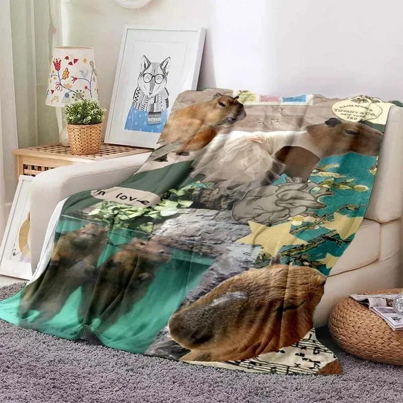 Kawaii The Capybara Club Home Cartoon Printed Blanket Picnic Blanket Warm Flannel Soft and Comfortable Home Travel Birthday Gift