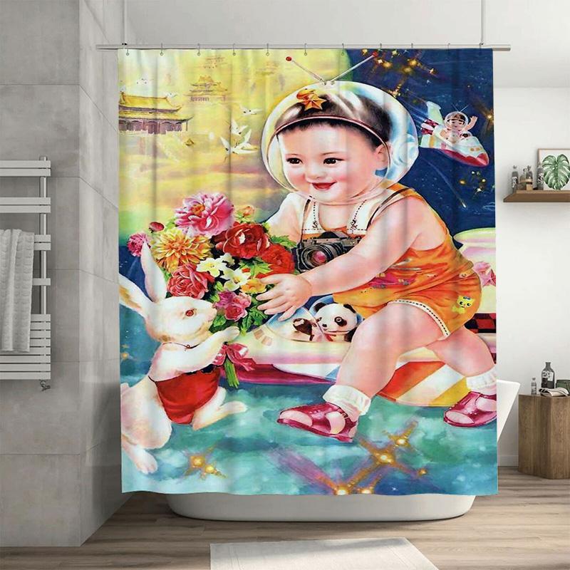 

Colorful Shower Curtain Featuring Adorable Baby With Bunny: Perfect Addition For Your Bathroom Decor! W60H190(CM)-1 Pcs