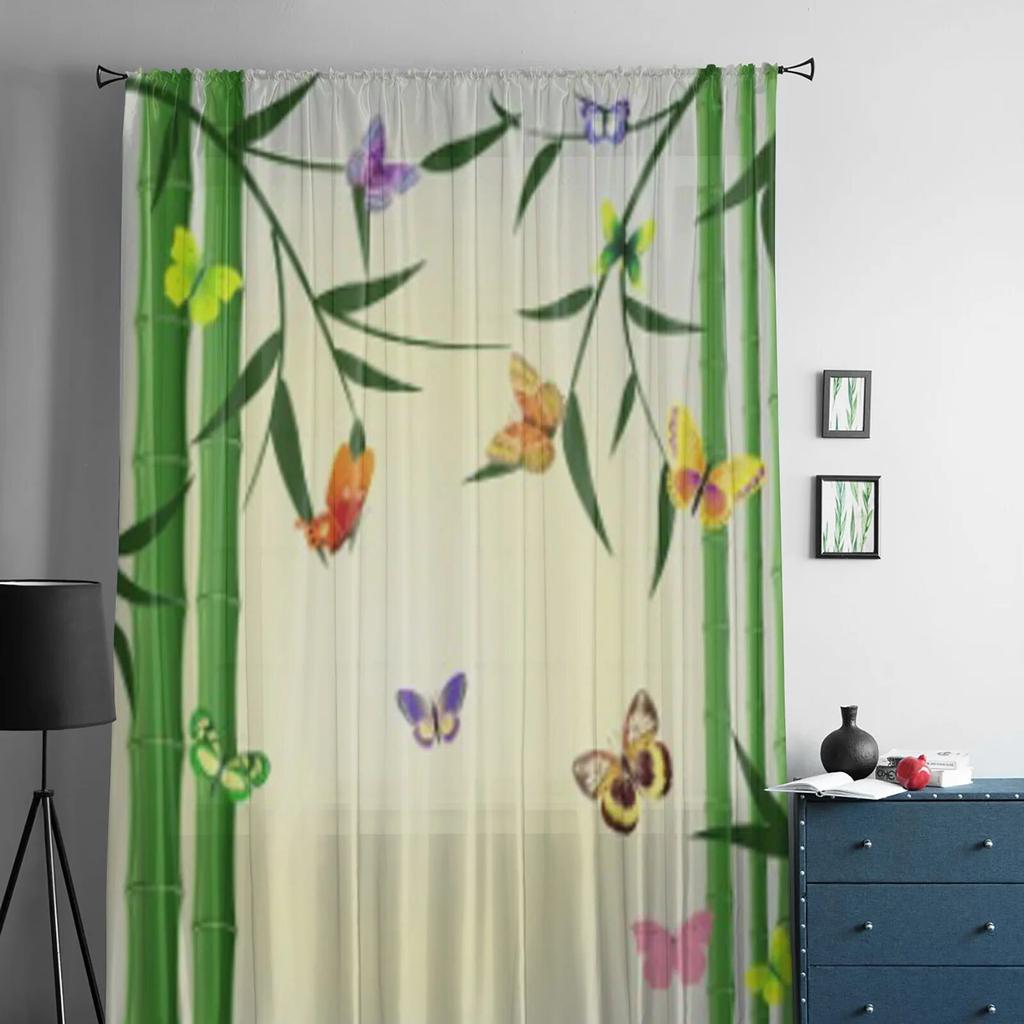 Orientaliska bambufjärilar Skir Gardin För Vardagsrum Sovrum Voile Gardiner För Fönster Organza Gardiner Fest Tyll Draperier