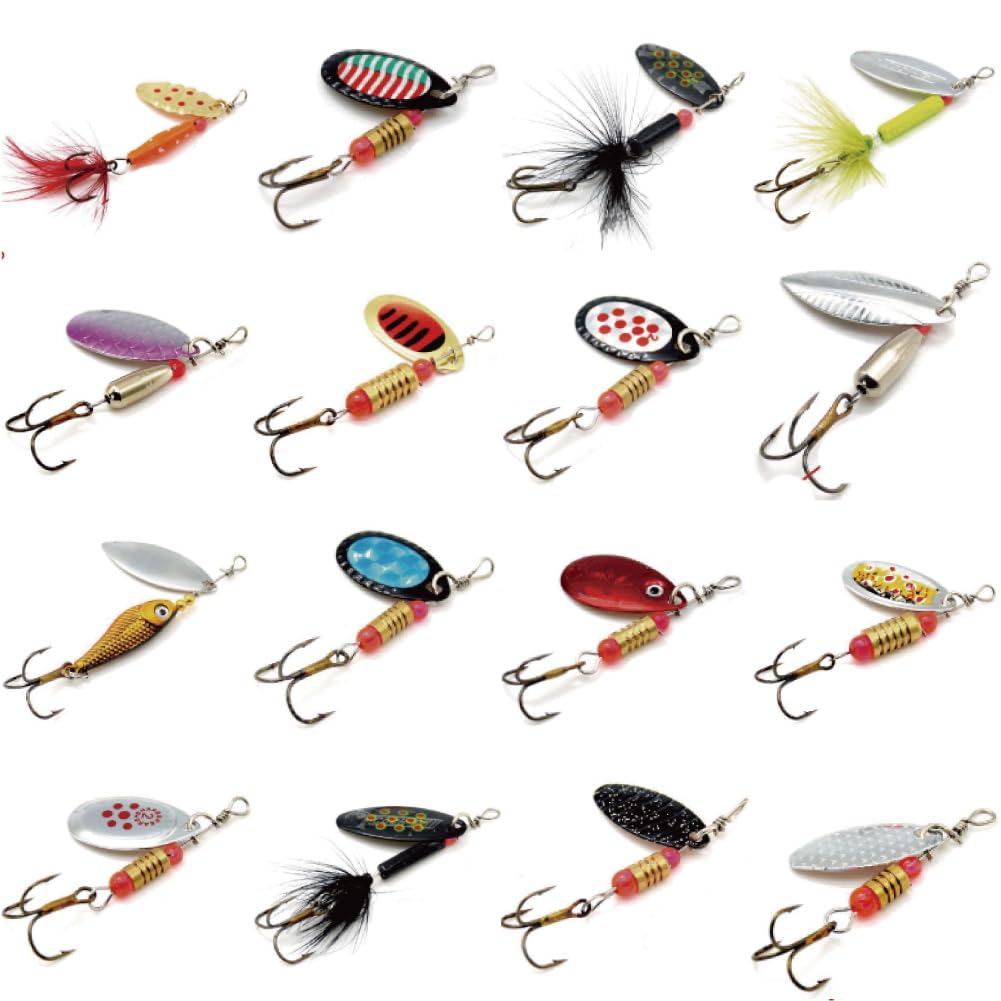 Set of 16 Spinner Lures with Case for Lure Fishing in Mountain Pipe and Oceans Streams, Fishing, Rivers, Lakes,