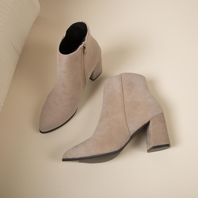 Damen Wildlederschuhe Herbst und Winter spitze Zehen dicker Absatz Martin Stiefel Seitenreißverschluss Damenmode wasserdicht Tischmode vielseitig