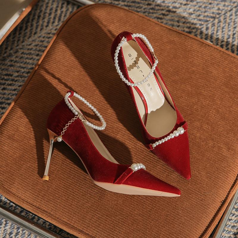 

83115 high-heeled wedding shoes for women s 2025 new pointed-toed show clothes bridal shoes light-heeled pearl chain single shoes 39